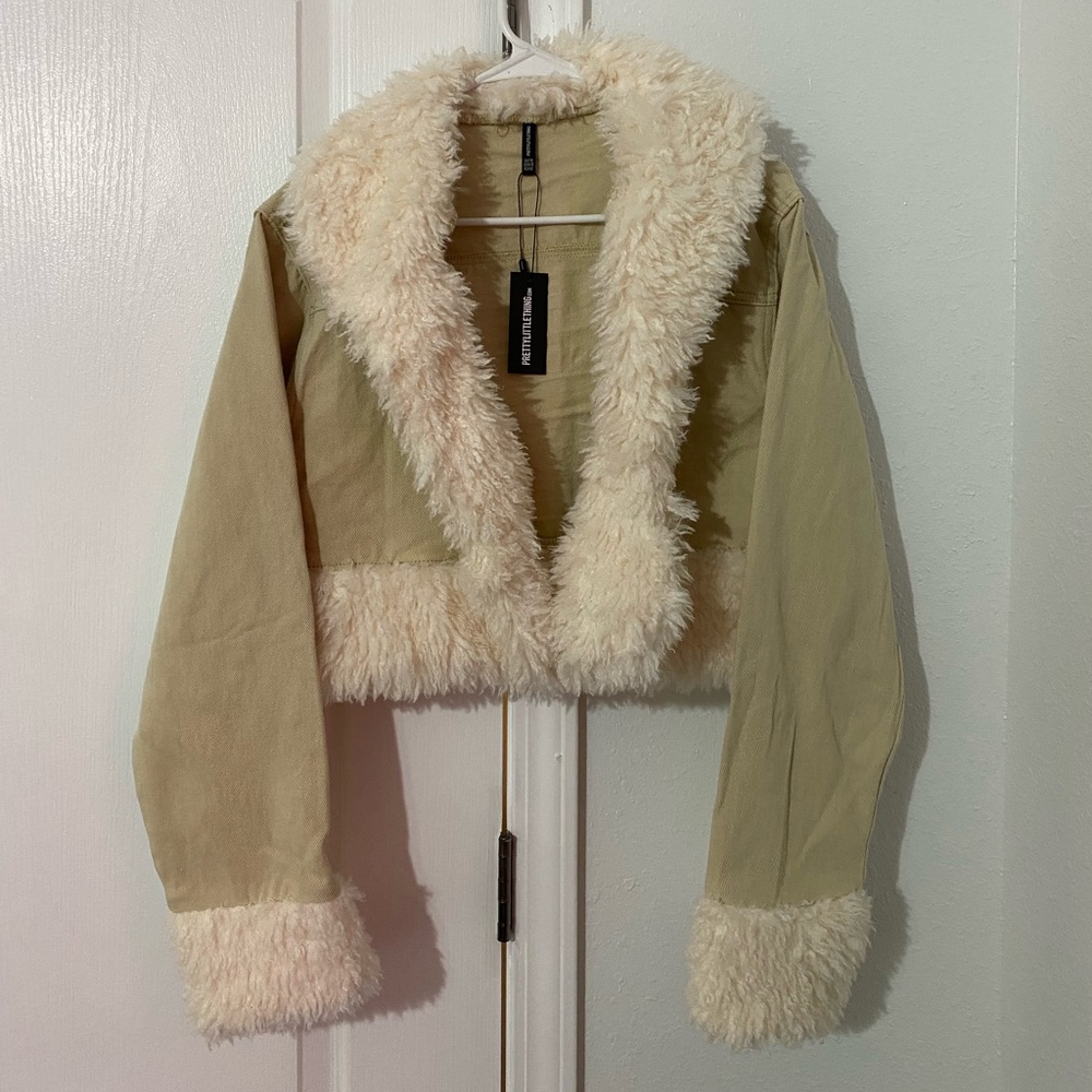 SOLD Faux Fur Trim Cropped Denim Jacket